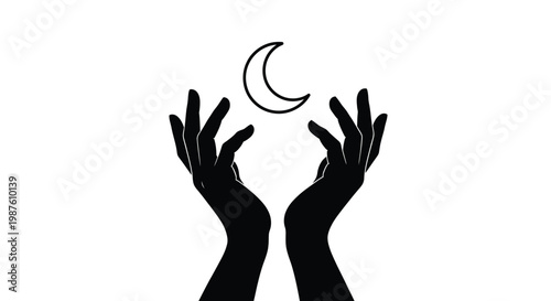 Hands reaching for a crescent moon in a dark striking silhouette