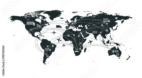 Black and white world map illustration.
