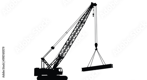 Tower crane lifting a steel beam against a white background silhouette