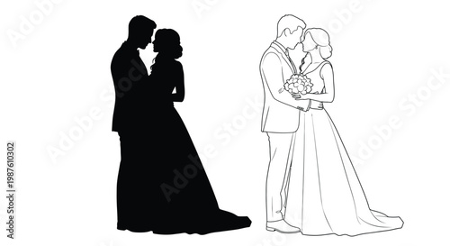 Romantic couple embracing with a contrasting black silhouette