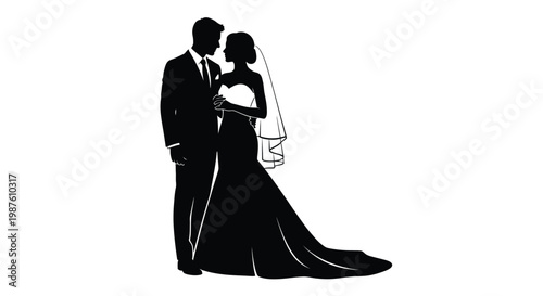 Elegant wedding couple embracing in a striking black silhouette