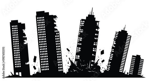 Destruction of a city skyline with crumbling buildings silhouette