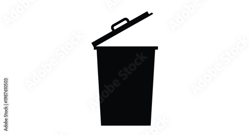 A black trash can with an open lid simple graphic silhouette