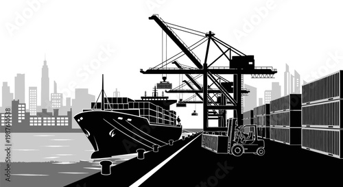 Cargo ship at dock terminal harbor.