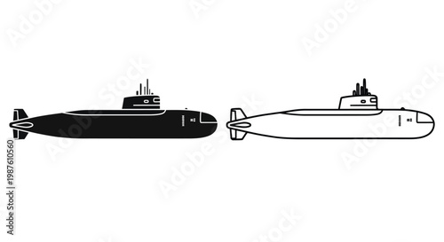 Two submarines depicted in a stark black and white illustration silhouette