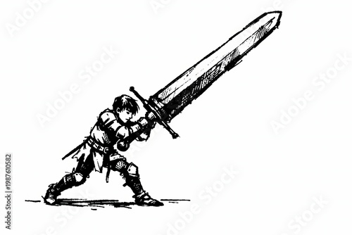 Young warrior wielding oversized sword battle stance line art fantasy character sketch