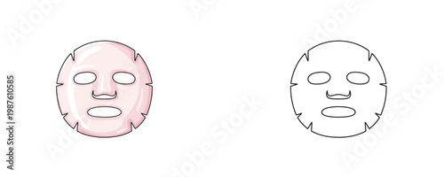 Facial sheet mask in flat cartoon and black line style blue and white colors represents skincare treatment for moisturizing and face rejuvenation isolated on white background