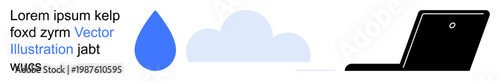Cloud computing, data storage, online workflows, remote work, technology integration, digital communication. A blue droplet, a minimalist cloud icon and a black laptop. Cloud computing and data