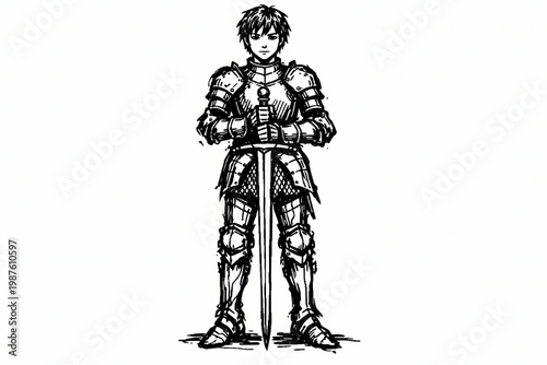 Young medieval knight standing front view holding sword line art fantasy character sketch