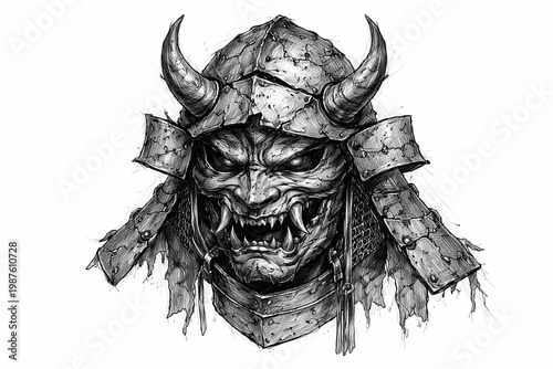 Demonic samurai mask with horns dark fantasy line art illustration