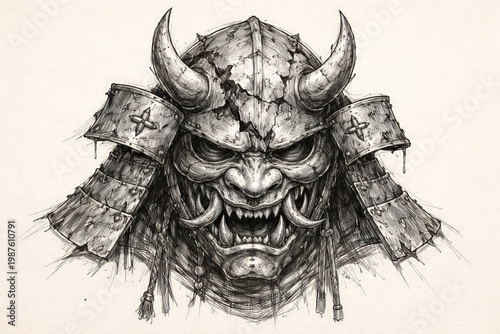 Demonic samurai mask with horns dark fantasy line art illustration