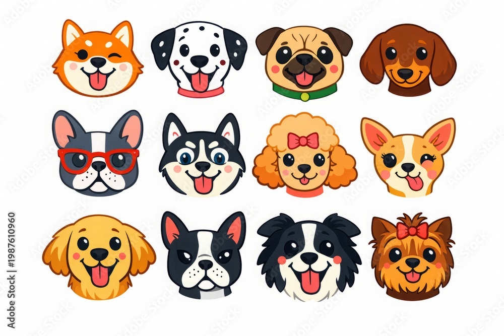 Fototapeta premium Cute dog faces collection cartoon pet avatars colorful vector illustration set