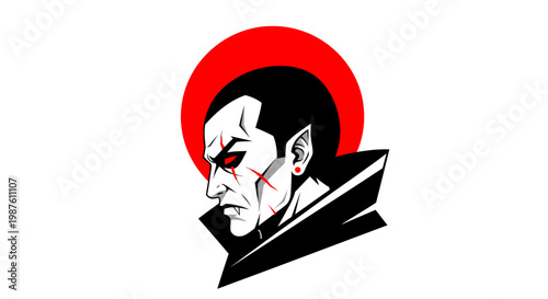 Bilde på lerret A vampire with fangs and red eyes is depicted in profile against a red sun