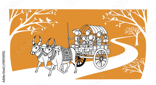 Traditional Warli art bullock cart illustration, Indian tribal folk painting of rural family travel, orange and white ethnic village scene vector