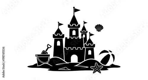 Black and white sand castle illustration.