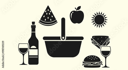 Food and drink icons on table.