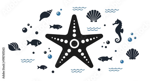 Black starfish with sea creatures around.