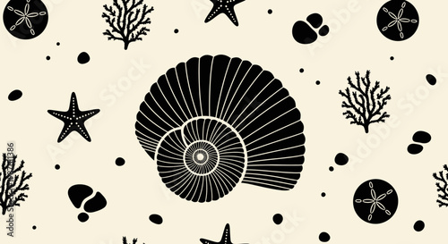 Black Nautilus Shell Ocean Illustration.
