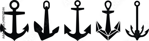 Set of Five Nautical Anchors in Silhouette Classic Maritime Symbols for Marine and Travel Themes