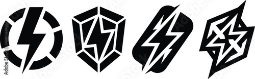 Collection of four black lightning bolt icons, each enclosed within a unique geometric shape