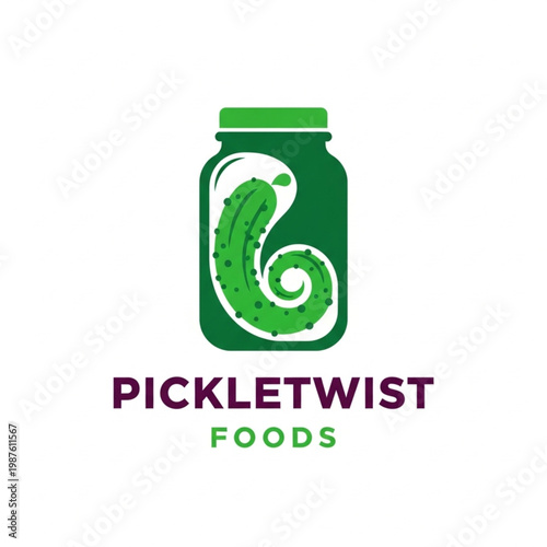 Minimalist pickle jar logo design for a food brand featuring a twisted cucumber shape
