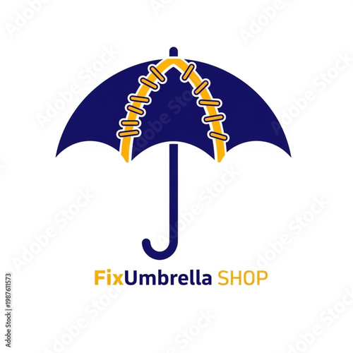 Umbrella repair shop logo featuring a stitched umbrella icon