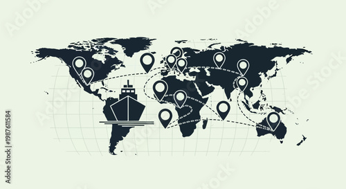 Ship Sailing Around the World Map.