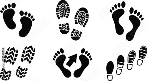 Diverse vector set of human foot and shoe prints, showcasing various patterns and directions, ideal for concepts of movement, tracking, progress, and individual journeys