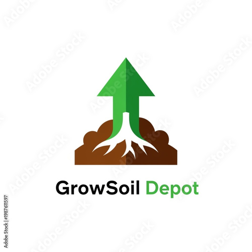 Minimalist logo design for GrowSoil Depot with green growth arrow and brown roots in soil