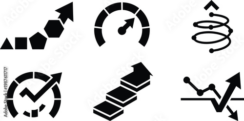Collection of 6 black and white icons representing growth and progress, including arrows, charts, and gauges