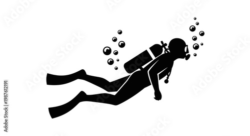 Scuba diver in black silhouette diving.