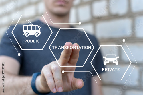 Concept of public and private city transportation. Public vs private transport.