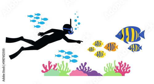 Scuba diver exploring coral reef sea.
