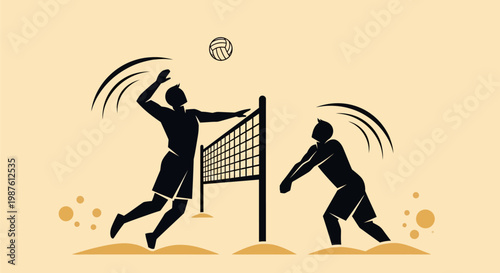 Two Men Playing Volleyball Outdoors.