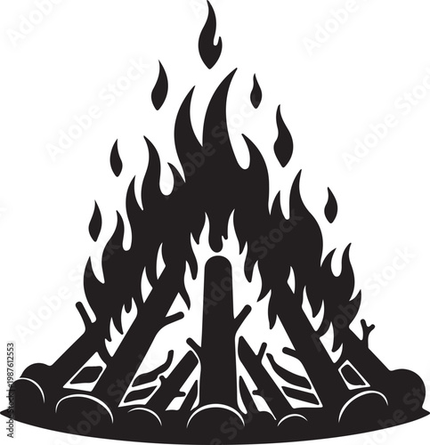 Illustration of a campfire with logs and flames burning brightly Vector, illustration