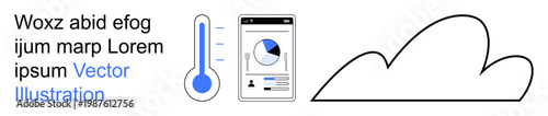 Meteorology, data analysis, technology, temperature tracking, weather forecasting, cloud computing. Graphic showing thermometer, smartphone interface and a cloud outline. Meteorology and data