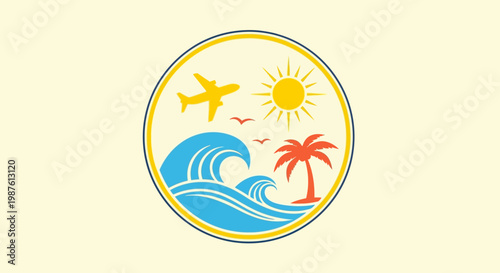Colorful travel illustration featuring a sun, waves, palm tree, and airplane.