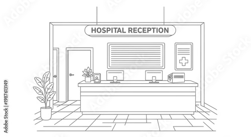 Clean vector illustration of a modern hospital reception desk and interior