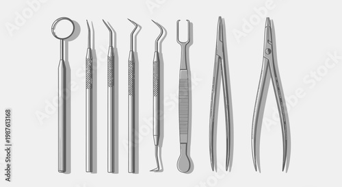 Dental instruments arranged on a white backdrop for medical and healthcare use