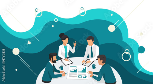 Business team analyzing financial data reports at meeting table