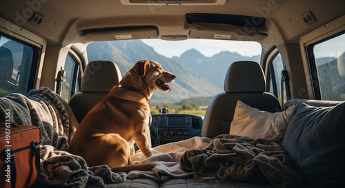 Dog Relaxing Inside Cozy Camper Van Looking Out Window