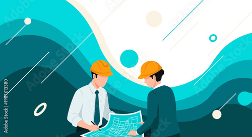 Civil engineers reviewing construction blueprint with abstract background