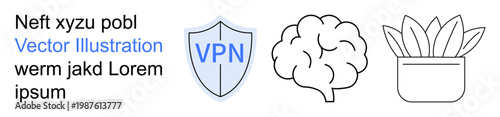 Online privacy, cybersecurity, mental clarity, technology, creativity, eco-friendliness. A VPN shield, brain illustration and potted plant align side by side. Online privacy and cybersecurity