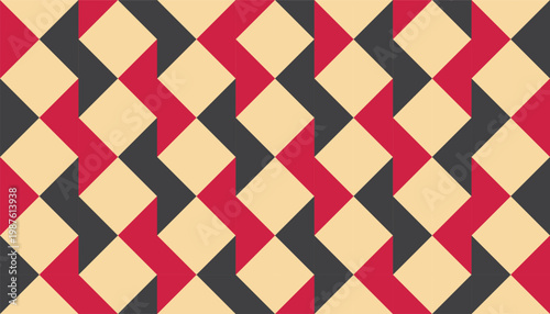 Seamless geometric pattern with zigzag ribbon shapes in red, black, and beige. Abstract architectural vector background with repeating diamond and angular wave motifs.