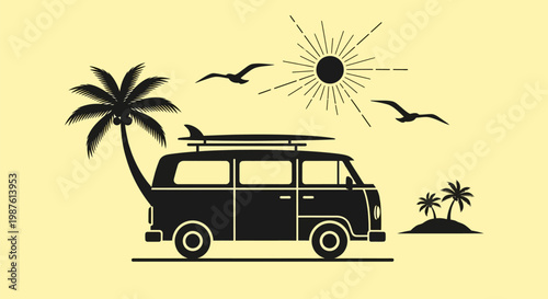 Black silhouette of a van with surfboard.