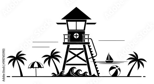 Black and white lifeguard tower beach.