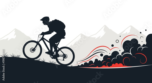 Man Riding Mountain Bike Downhill Fast.