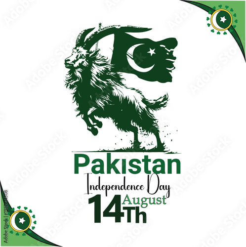 Stylized dark green markhor, the national animal of pakistan, passionately carries the vibrant national flag, celebrating pakistan independence day on fourteenth august with patriotic fervor and natio