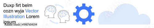 Cloud computing, cognitive processing, teamwork, innovation, data management, digital transformation. Brain icons, gear and cloud interconnected. Cloud computing and cognitive processes concept