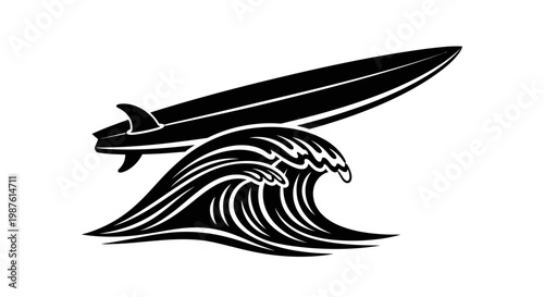 Surfboard riding ocean wave crest.